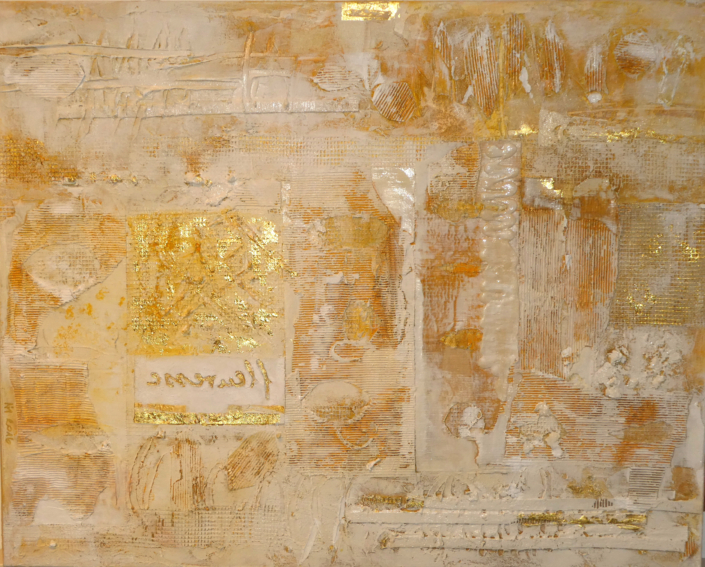 Mischtechnik auf Leinwand (Collage, Acryl, Blattgold 22.5 Karat), 80 x 100 cm
